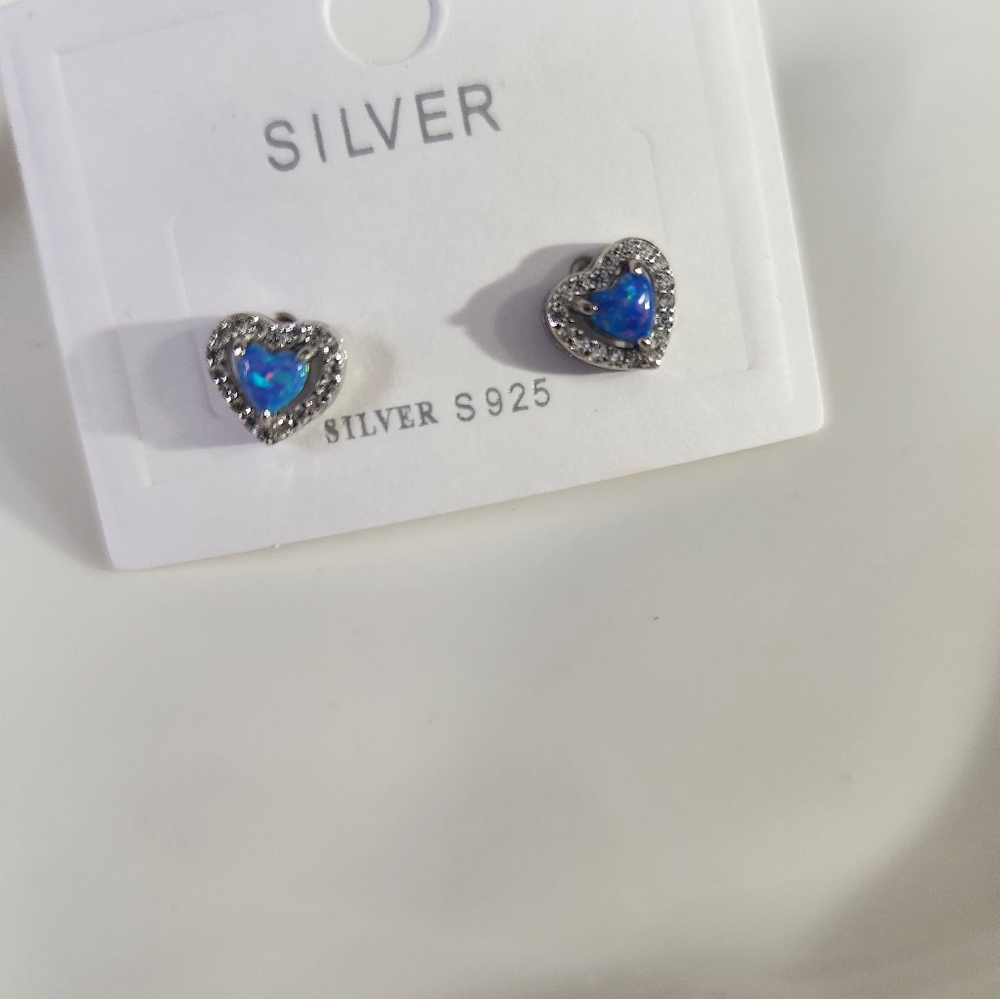 Heart-Shaped Silver Earrings with Blue opal